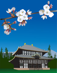 Wall Mural - pagoda and light spring flowers