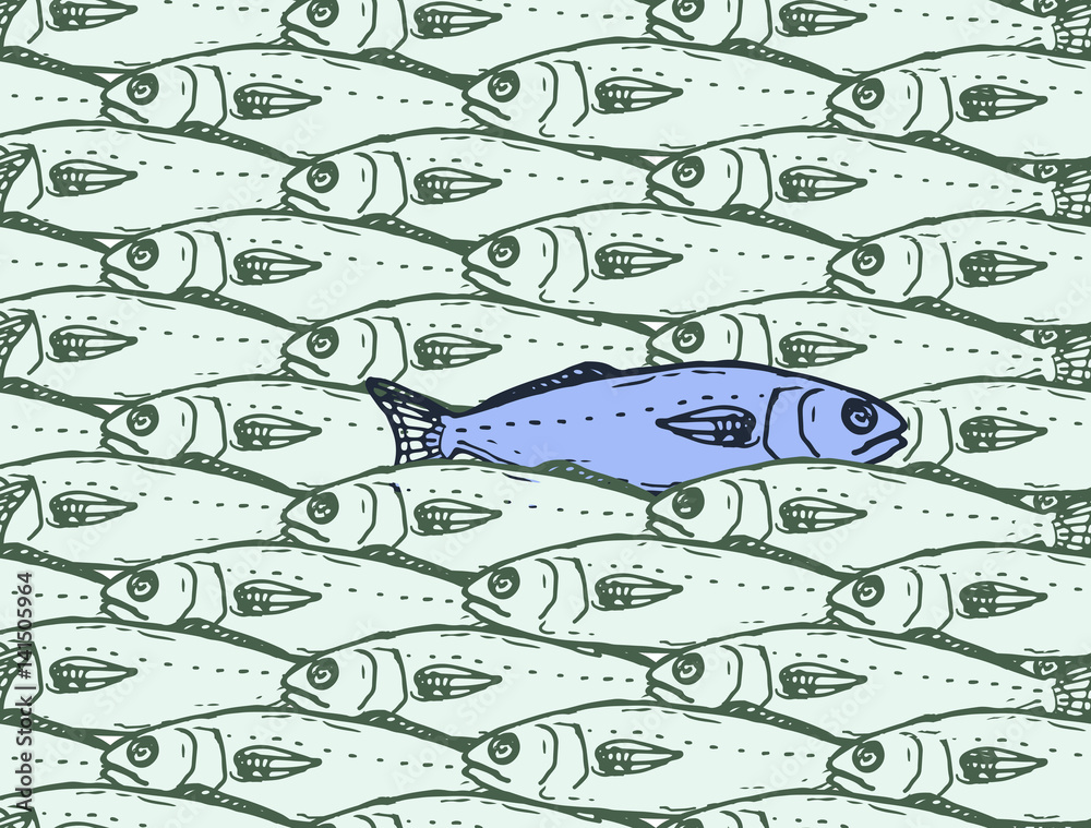 seamless rattern with fish contours and one inverse colored fish Stock ...