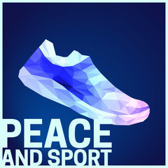 Vector illustration to the International Day of Sport for Development and Peace. Colorful low poly triangles design athletic running shoes isolated on dark background