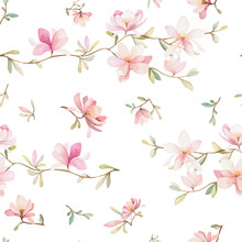 Seamless Floral Pattern With Magnolias On A White Background, Watercolor. Vector Illustration.