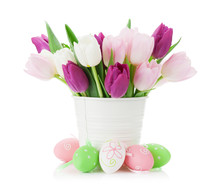 Colorful Tulips And Easter Eggs