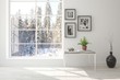 © AntonSh - White empty room with winter landscape in window. Scandinavian interior design. 3D illustration