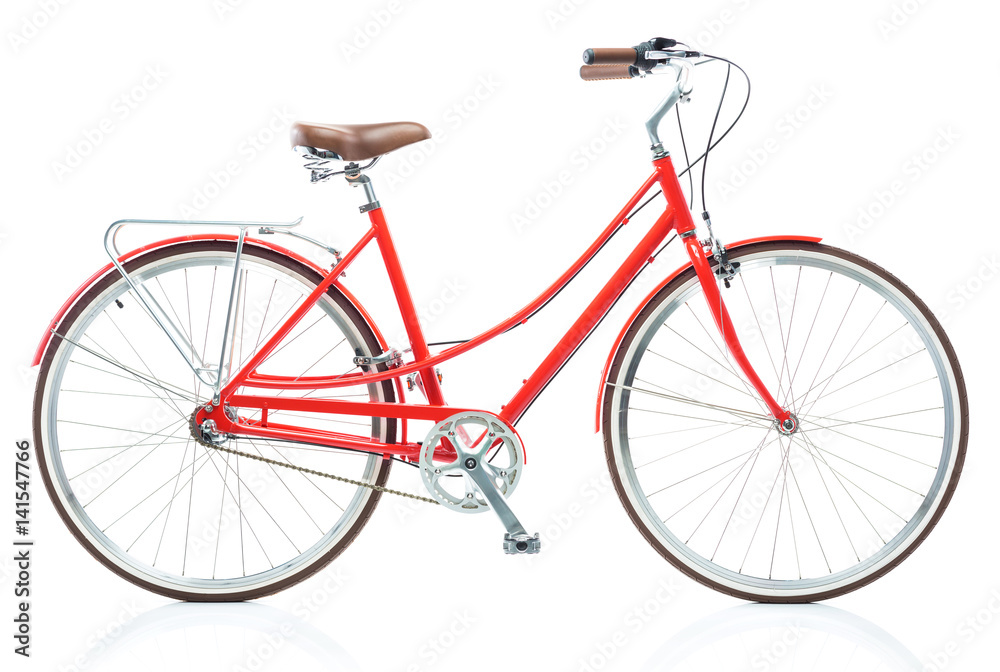 Stylish female red bicycle isolated on white - obrazy, fototapety, plakaty 