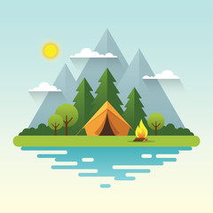 sunny day camping illustration in flat style