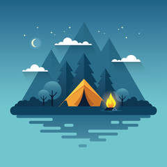 Wall Mural - night camping illustration in flat style