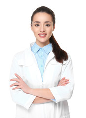 Poster - Young woman pharmacist with crossed arms on white background