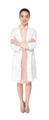 Poster - Young woman pharmacist with crossed arms on white background