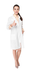 Poster - Young woman pharmacist standing on white background