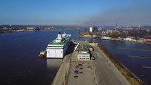 Aerial View Of The Huge Cruise Ferry Docked In Harbour In Riga, Latvia. April 10, 2016.