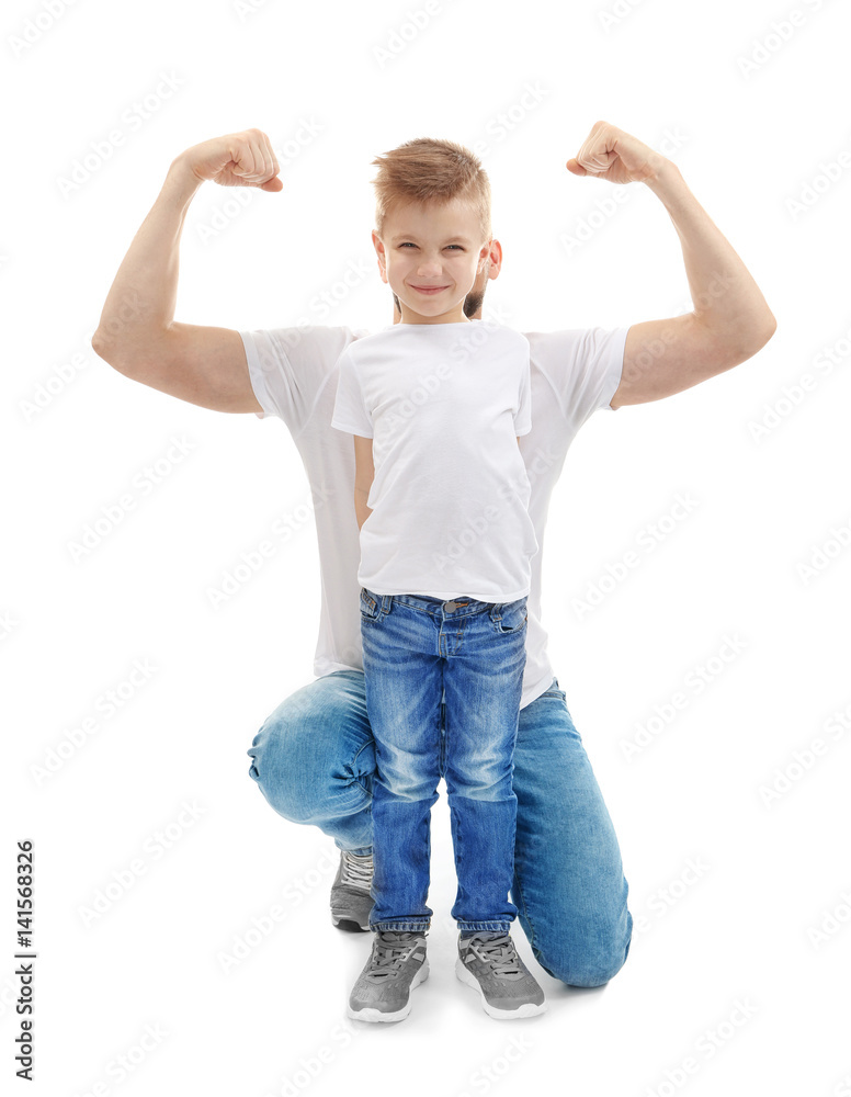 Handsome man and his son on white background