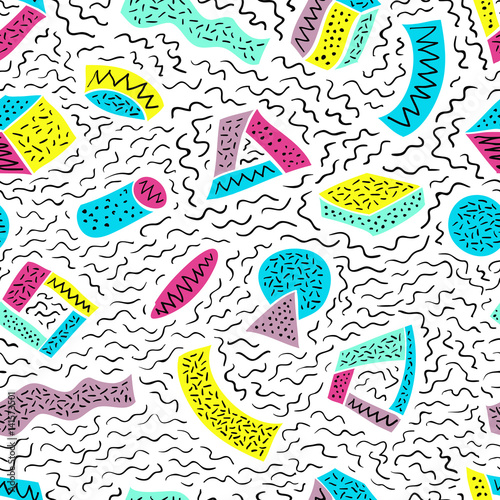 Leinwand Poster Retro looks seamless vector pattern with hand drawn doodles on colorful geometric shapes