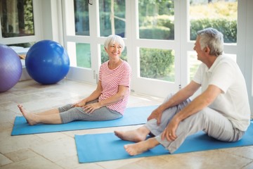 Wall Mural - Senior couple interacting while exercising