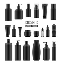 Set Of Realistic Black Package For Luxury Cosmetic Product: Tube Cream, Bottle With Pump Dispenser Or Spray, Oil, Lotion Or Shampoo, Gel Shower And Liquid Soap. Vector Mockup Of Isolated On White