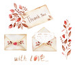 Watercolor floral set with elements:  Thank you tag in floral bouquet, envelope, letters, flowers and title “With love”. Love letter, postcard, burgundy pattern on white background.