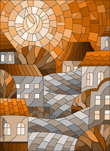 Naklejka na kafelki Illustration in stained glass style, urban landscape,roofs and trees against the day sky and sun,Sepia,tone brown