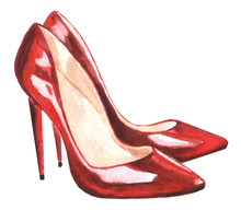 Red Female Shoes - Watercolor Illustration On A White Background