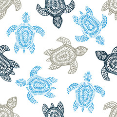 Turtles - seamless pattern. Blue, gray and white colors. Grunge texture.