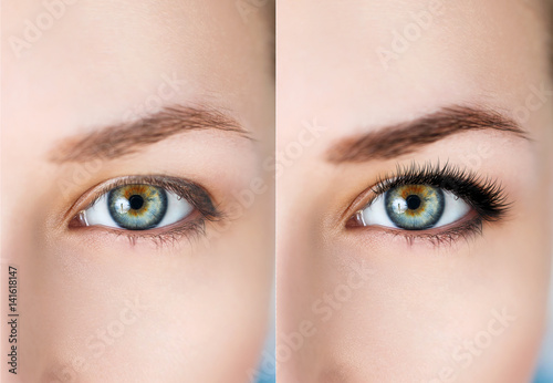 Fotografía Female eyes before and after eyelash extension.