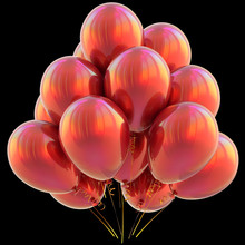 Balloons Red Happy Birthday Party Decoration Glossy Scarlet. Holiday Anniversary Celebrate New Year's Eve Xmas Christmas Carnival Greeting Card Design Element. 3D Illustration Isolated On Black