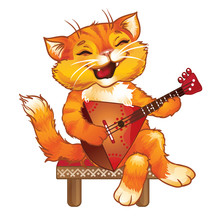 Russian Cat Playing The Balalaika And Singing.  Vector Clip-art Illustration On A White Background.
