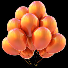Balloons Orange Happy Birthday Party Decoration Hot Yellow Glossy. Holiday Anniversary Celebrate New Year's Eve Xmas Christmas Carnival Greeting Card Design Element. 3D Illustration Isolated On Black