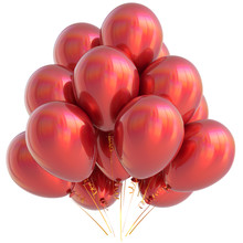 Balloons Red Happy Birthday Party Decoration Scarlet Glossy. Holiday Anniversary Celebrate New Year's Eve Xmas Christmas Carnival Greeting Card Design Element. 3D Illustration Isolated