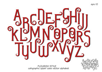 Wall Mural - Vector alphabet set. Capital letters with decorative flourishes in the Art Nouveau style. Red letters on a white background.