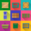 © struvictory - Vector set of flat square color icons of wood, plastic, metal containers and pallets for transportation and storage of goods.