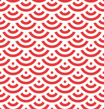 Red Fish Scale Background Of Concentric Circles. Abstract Seamless Pattern Looks Like Roofing Tiles. Vector Illustration.