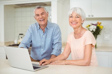 Wall Mural - Portrait of senior couple using laptop in kitchen