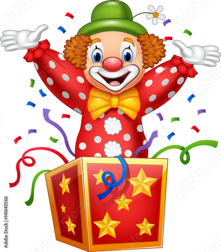 Cuadros en Lienzo Cartoon clown jumping out of the box