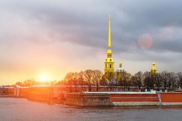 Peter and Paul fortress at sunset water of the Neva river St. Petersburg