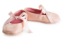 Pair Of Pink Ballet Shoes With Bowknot For Newborn Baby. Isolated On A White Background Close Up.