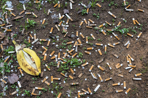 Fotografia, Obraz Cigarette Butts Little Ground Near Busy Airport