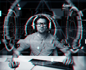 Poster - man in headset with computer virtual projections