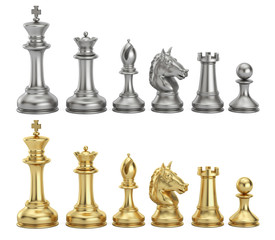 Poster - gold and silver chess figures in row, 3d rendering