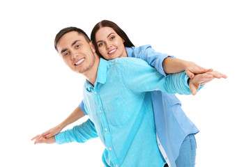 Wall Mural - Happy couple having fun on white background