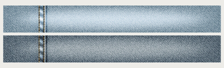 Vector jeans background with stitching, realistic denim cloth illustration, 2 banners with light and dark denim texture.