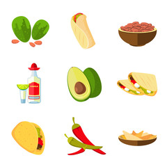 Poster - Mexican taco, burrito and nachos food, avocado, tequila, red hot pepper vector cartoon icons