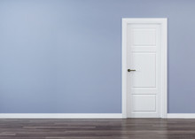 White Door In The Interior With A Blue Wall. 3D Rendering.