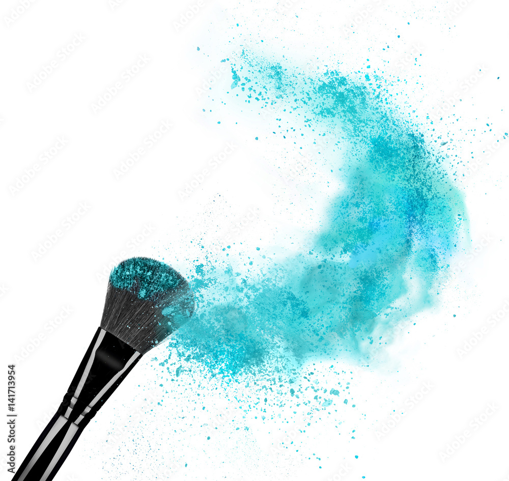Make up brush with powder splash isolated on white background