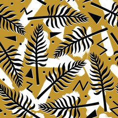 Wall Mural - Vector tropical seamless pattern with exotic plants on simple abstract geomrtric background . Design for textile, decor, print