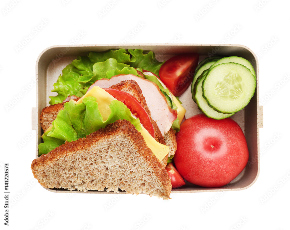 Lunch box with delicious food on white background