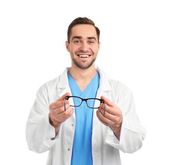 Poster - Handsome young ophthalmologist on white background