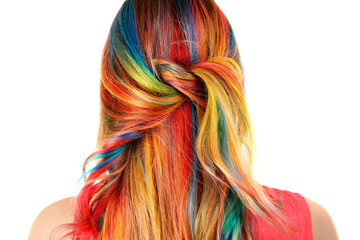 Trendy hairstyle concept. Young woman with colorful dyed hair on white background