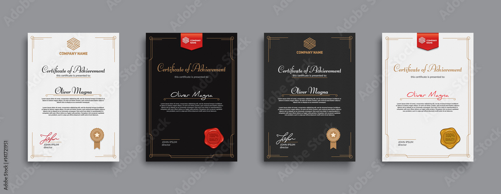 Achievement certificate design with badges and seals. Eps10 vector template. - obrazy, fototapety, plakaty 