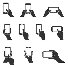 Poster - smartphone or mobile phone in hand vector icon set