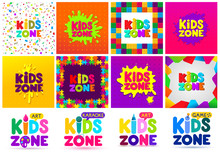 Kids Zone Banner Design Big Set. Children Playground. Colorful Logos. Vector Illustration. Isolated On White Background.