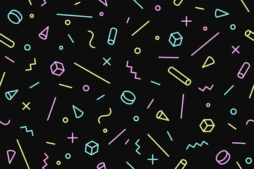Seamless mephis graphic pattern 80s-90s trendy styles on black background. Colorful pattern with different shapes objects. Design for wrapping paper, fabric background, wallpaper. Vector illustration