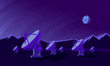 Flat Style Illustration With Satellite Dishes In The Valley With Mountains And Moon On Background. Radio Telescopes Track The Stars At Night.